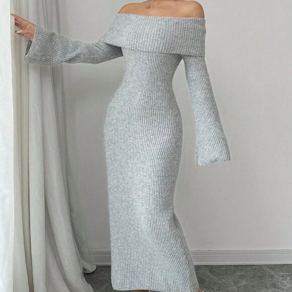 Grey Elegant Women's Off-Shoulder Long Sleeve Dress - Picture 5 of 6